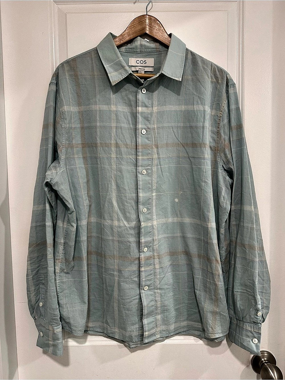 COS Lightweight 100% Cotton Plaid Shirt Light Blue Relaxed Fit Size XL *Bleach*